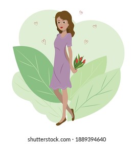 Image of a young girl with long hair in a lilac dress and with a bouquet of flowers. Illustration for Valentine's Day. The concept of love, romance, youth and health. Vector illustration in flat style