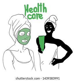 The image of a young girl performing cosmetic procedures, face and body care, and lettering, vector illustration, drawing