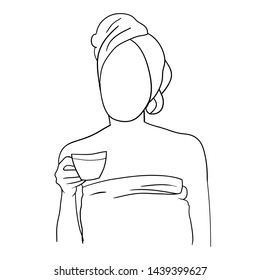 The image of a young girl who monitors their nutrition and health, linear drawing in vector