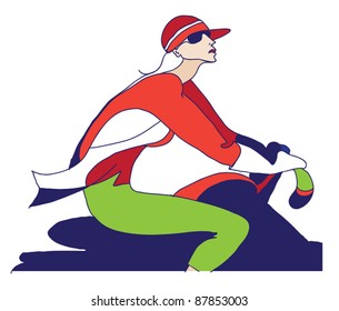  Image of the young girls - riders in bright clothes for sport bike