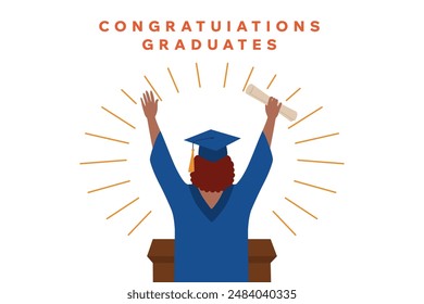 Image of a young graduate wearing a blue graduation dress and hat. The red-haired girl behind the office is happy about graduating from college. Flat vector illustration on white background.