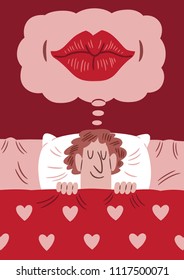 Image of a young man in bed dreaming of a woman´s lips