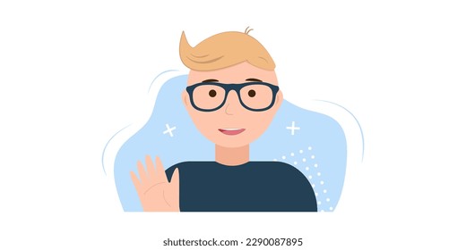Image of a young man in glasses with a welcome gesture. Suitable for use as an avatar. Vector illustration.