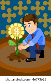 An image of a young man planting a sunflower with a dollar sign on it