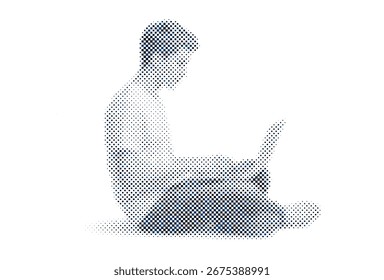 Image of a young man sitting on the floor with a computer created with small blue-toned pixels on a white background