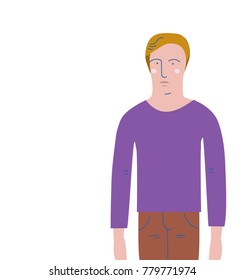 Image of a young man standing with his hands at his sides. Red haired guy. Colored doodle. Vector illustration.