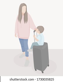image of a young mother with a little son who is sitting on a suitcase. Family vacation trip.
stock isolated illustration on white background for printing on postcards, websites, shop advertising 