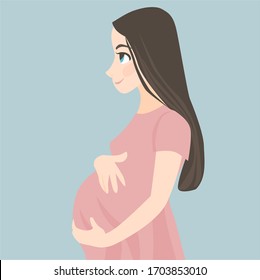 image of a young pregnant girl who strokes her big belly.
stock isolated illustration on blue background for printing on postcards, websites, shop advertising in cartoon style