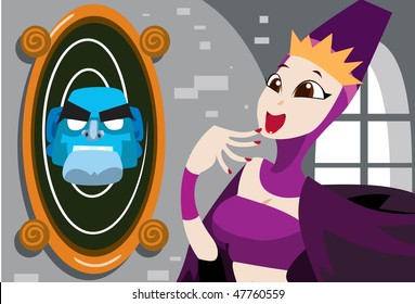 An image of young queen standing in front of a magic mirror