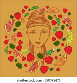 Image of a young woman with dreadlocks decorated with colored fruits and leaves. Publishing and room design element. Poster, media image. Magazine and cosmetics illustration.