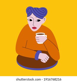 An image of a young woman who drinks coffee. Fashionable style. Vector illustration.