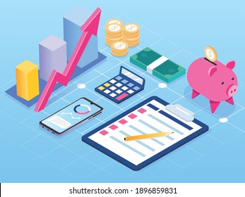 Imagen para su negocio. Ilustración isométrica plana del dinero con calculadora, banco de cerdos, smartphone, documentos de negocios y gráficos. Concepto de gestión financiera.