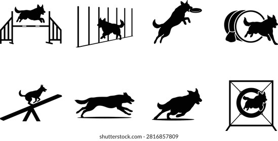 The image_c23c3a.png file features a collection of icons depicting dogs engaged in various agility maneuvers like jumping hurdles, running through tunnels, and catching frisbees. These versatile graphics are ideal for pet training materials, sports event branding, veterinary services, and active dog lifestyle designs.