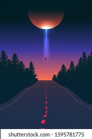 An imagery illustration of the alien ship abducting one man from the road during night time.