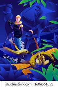 An imagery illustration of an attractive woman that just taken off her VR glasses and stunningly see the true nature, while other surrounding people are still using their VR glasses.