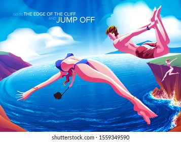 An imagery illustration of a couple jumping off the cliff down to the ocean in a beautiful day in summer.