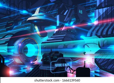 An imagery illustration of a futuristic city in vectoring art