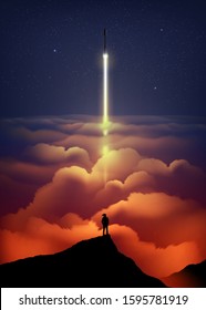 An imagery illustration in vectoring art of a man silhouette standing on the cliff and staring the rocket that flying through the sea of clouds.