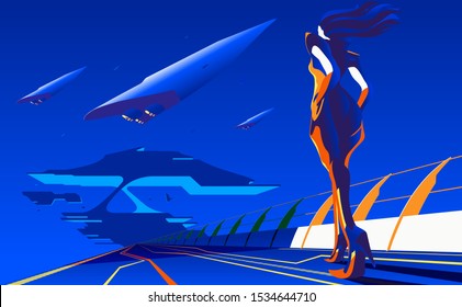 An imagery illustration of a woman walking to the station or base for interstellar transportation in vector art.