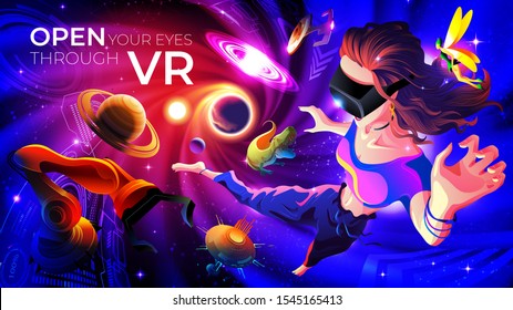 An imagery illustration of a woman wearing VR glasses and experiencing exciting experiences in the virtual world.