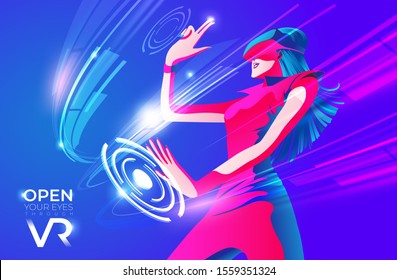 An imagery illustration of a woman wearing VR glasses and experiencing exciting experiences in the virtual world.