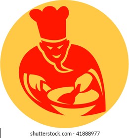 Imagery shows an Evil chef cook with goatee holding spatula and frying pan cooking up a storm.