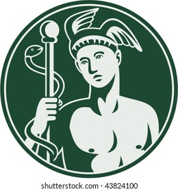 Imagery shows Greek God Hermes holding a caduceus enclosed in a circle.