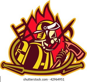 Imagery shows an icon of fireman with an axe and a fire ball, ladder and spear hook in the back ringed by a fire hose.