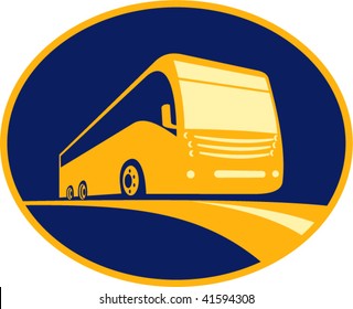 Imagery shows an icon for a tourist coach bus traveling on road viewed from a low angle. Done in three (3) colors and enclosed in an ellipse.