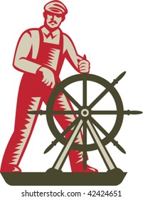 Imagery shows a ship captain at the helm with steering wheel
