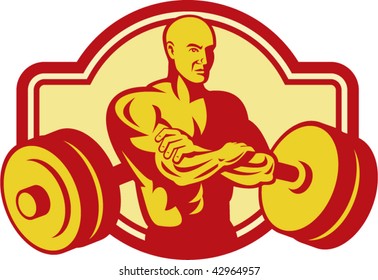 Imagery shows a Weightlifter or Body builder posing with weights at the back.