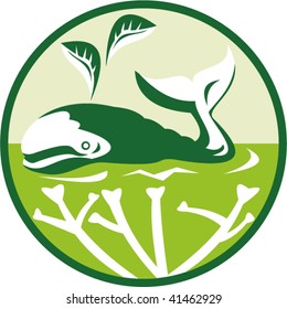 Imagery shows a whale blowing out leaves while swimming on sea with corals.