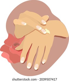 Images of applying the cream on your hands. The concept of self-care. Nails with a beautiful manicure.