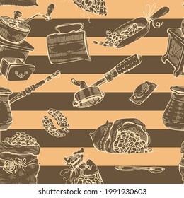 Images of bags with coffee beans and tools. Vector illustration.