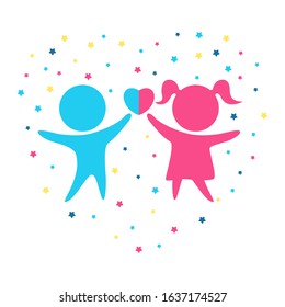 Images of boy and girl hold heart and stars around them form heart. Vector Illustration