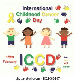 Images of boys and girls of different nationalities who have won cancer disease. Supporting poster. International Cancer Day. February, 15. Joyful children. Yellow ribbon. Vector illustration.