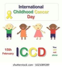 Images of boys and girls of different nationalities who have won cancer disease. Supporting poster. International Cancer Day. February, 15. Joyful children. Yellow ribbon. Vector illustration.