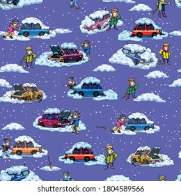 Images of a car in the snow, car breakdown in winter, snow drift, car in the snow