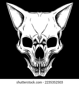 images of cat skeleton black and white, hand drawn vector picture
