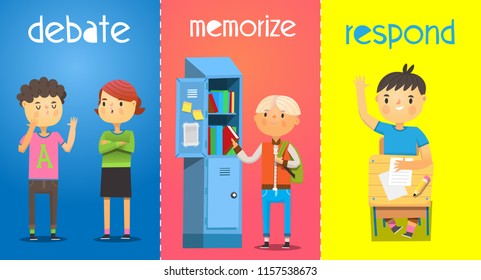 Images of children characters at school representing metaphors for responding, saving and help. Illustrative vector posters.