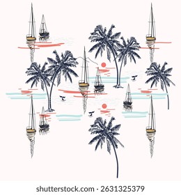 Images of coconut trees, boats and the ocean seamlessly blend together, with artistic strokes, suitable for printing on seamless fabric for a vibrant summer.