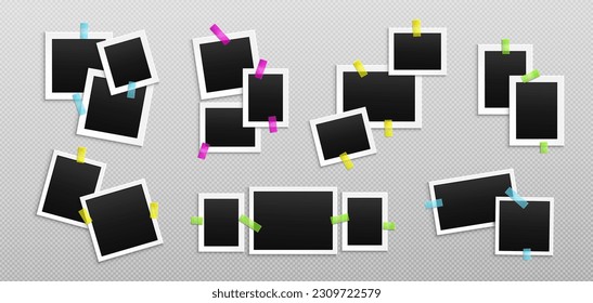 Images collage template with photo frames with sticky tape. Album or gallery mockup with empty paper snapshots with white border isolated on transparent background, vector realistic set