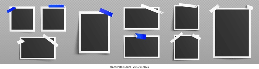 Images collage template with photo frames with sticky tape. Album or gallery mockup with empty paper snapshots with white border isolated on transparent background, vector realistic set