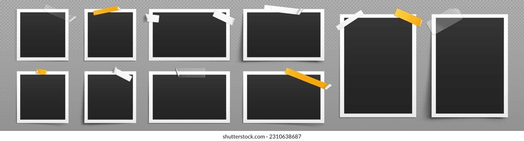 Images collage template with photo frames with sticky tape. Album or gallery mockup with empty paper snapshots with white border isolated on transparent background, vector realistic set