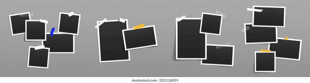 Images collage template with photo frames with sticky tape. Album or gallery mockup with empty paper snapshots with white border isolated on transparent background, vector realistic set