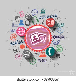 Images and collage with web icons background. Vector illustration