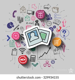 Images and collage with web icons background. Vector illustration