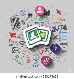 Images and collage with web icons background. Vector illustration