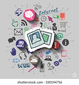 Images and collage with web icons background. Vector illustration