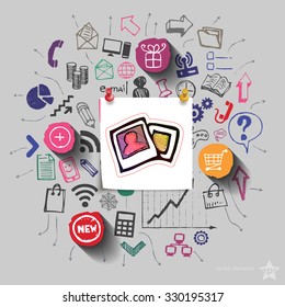 Images and collage with web icons background. Vector illustration